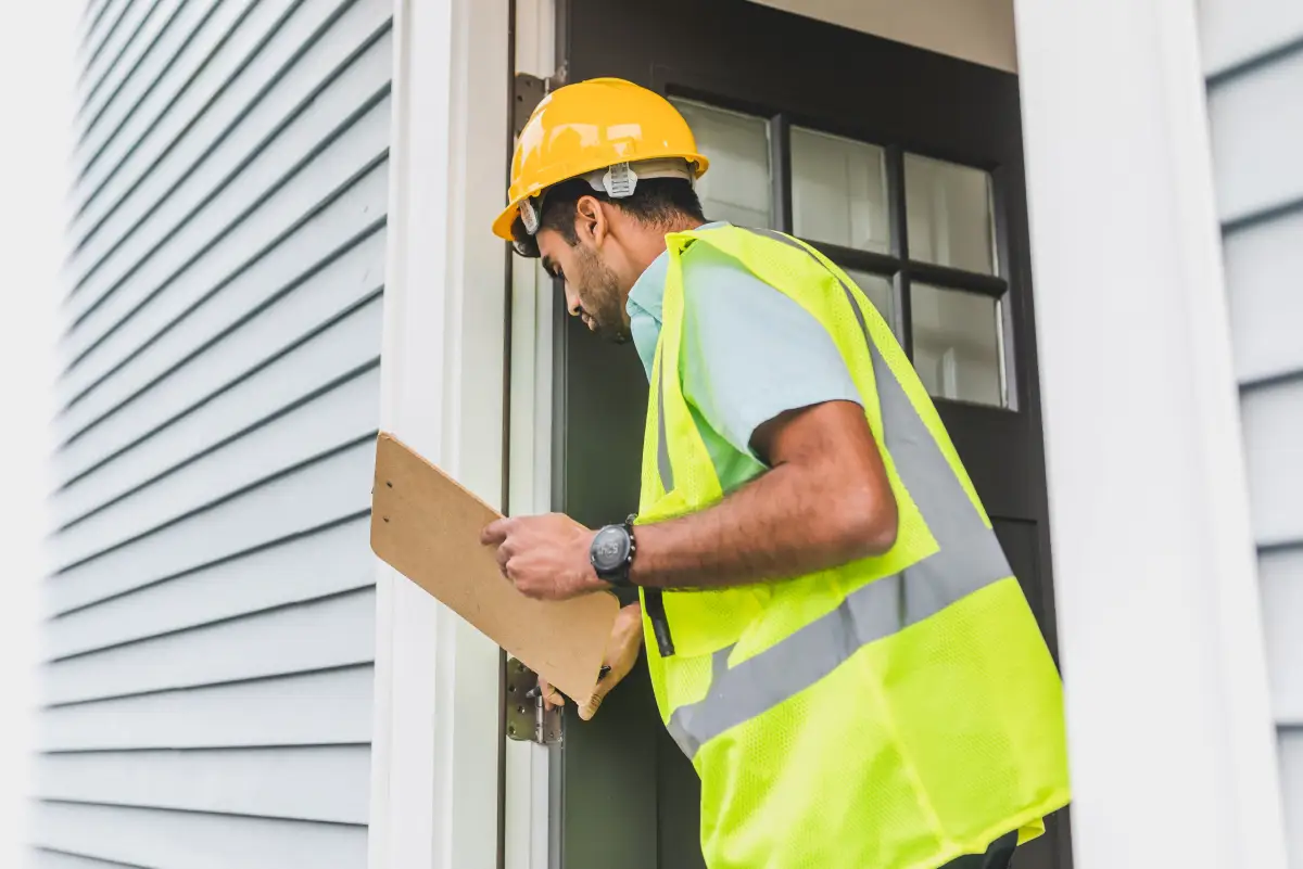 An installer in a hard hat and hi-vis vest taking notes on a clipboard at a house entrance