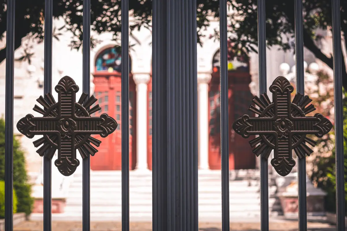 Ornamental detail on a metal pedestrian entry gate
