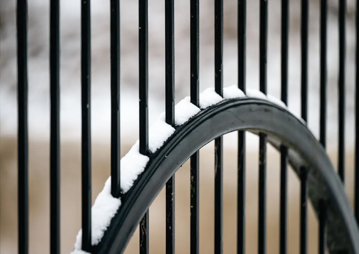 Snow packed against the vertical bars of a metal gate in winter